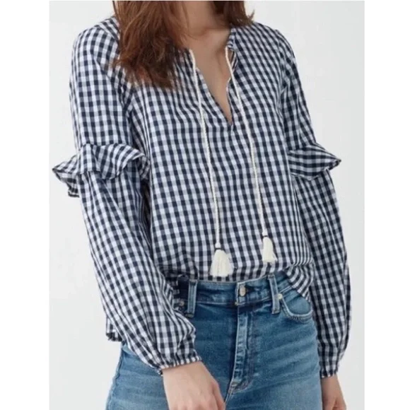 Splendid Navy Gingham Check Ruffled Tie Neck Navy White Long Sleeve Peasant Top - Picture 1 of 10